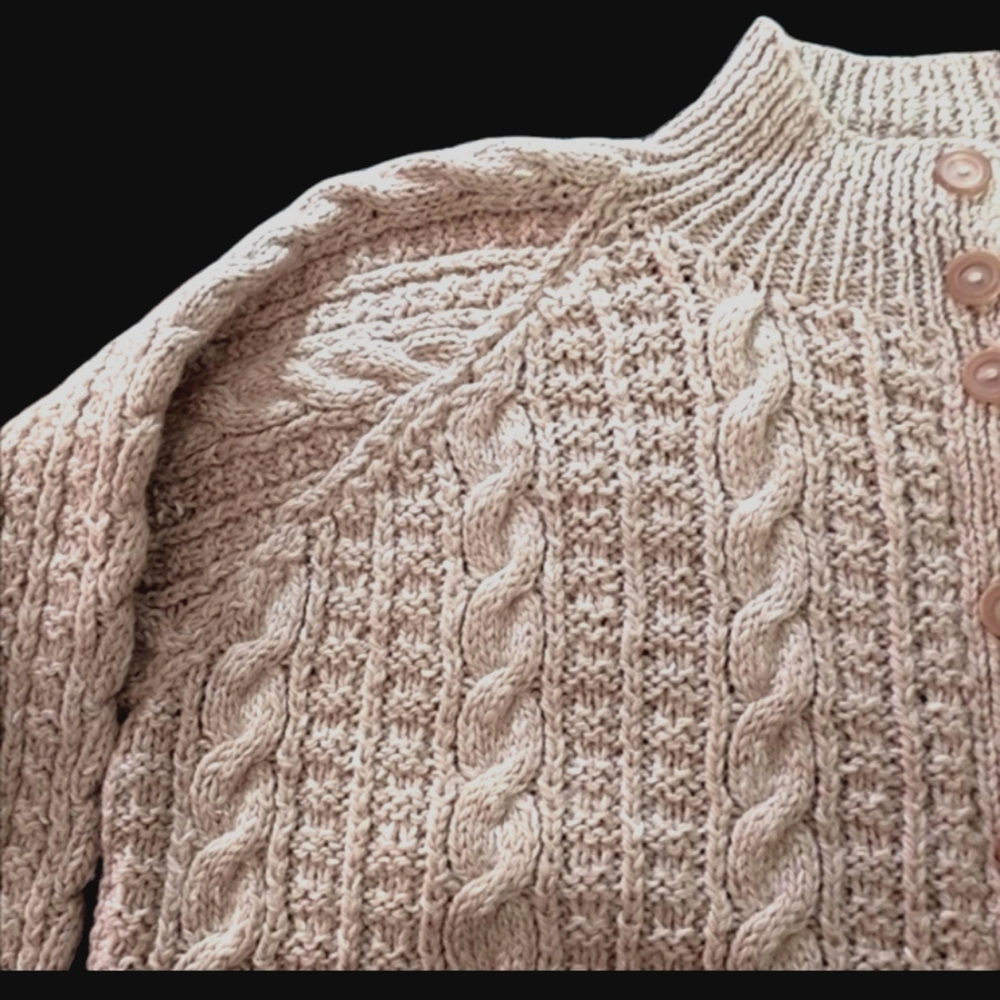 Handmade Cable Knit Long Slouchy Fuzzy Wool Cardigan Ribbed Cuffs Oatmeal Color - Picture 7 of 13